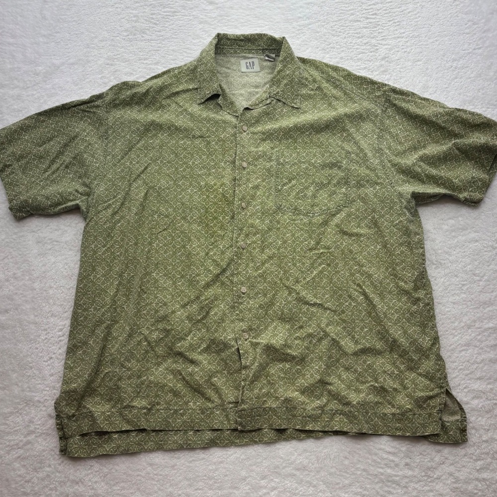 Gap Mens Large Olive Green Linen Cotton Geometric Print Short Sleeve Shirt